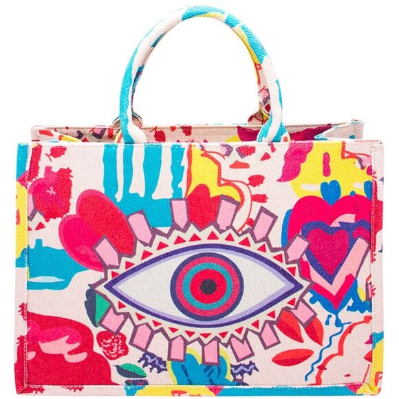 DIONA J MULTI COLOR PATTERN DESIGN EVIL EYE TOTE BAG - Picture 1 of 1